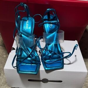 ALDO Metallic Teal Blue Strappy Square-Toe Heels